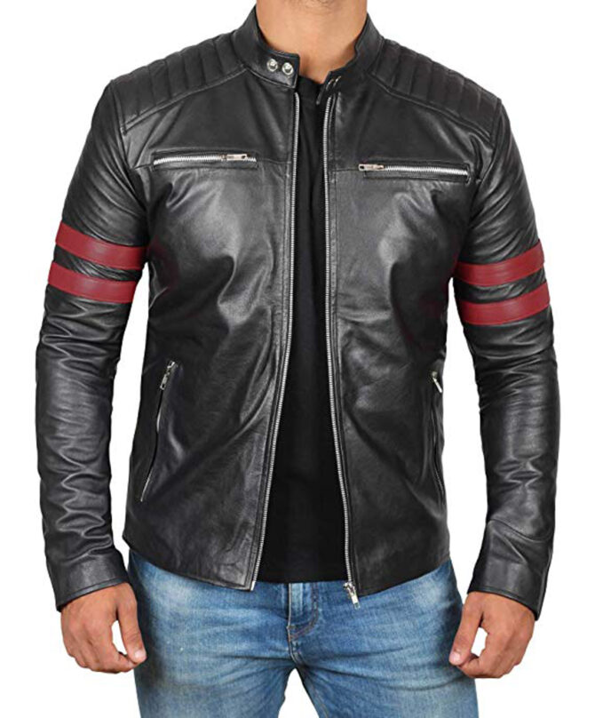 Men's Hunter Red Strip Black Biker Leather Jacket_Falcon_Jacket_001