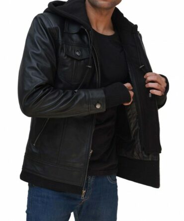 Men's Hooded Black Bomber Leather Jacket